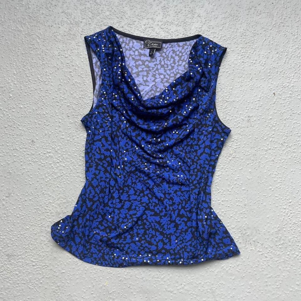 Blue Sequin Cowl Neck Tank Top Womens Size L Dress‎ Barn Collection Animal Print